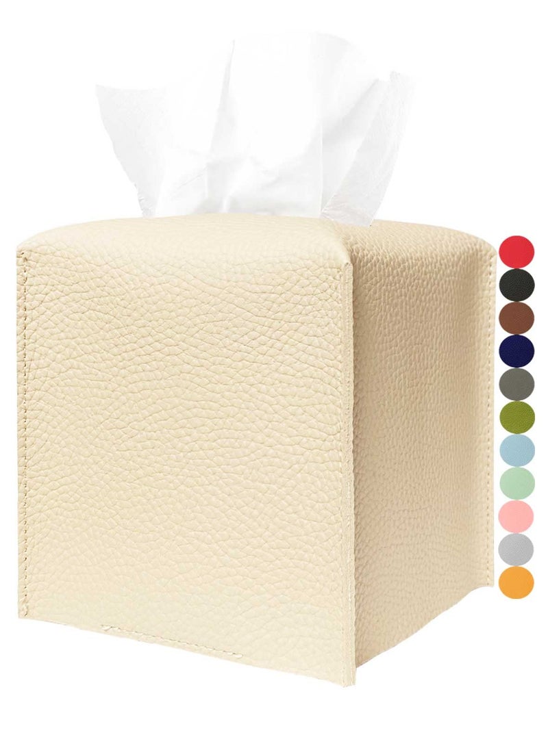 JESMINI Tissue Box Cover Tissue Holder - Square Leather Tissue Box Holder with Bottom Belt [JESMINI  Beige] Modern PU Leather Tissues Cube Box Cover for Bathroom Countertop/Night Stands/Office - Image 1